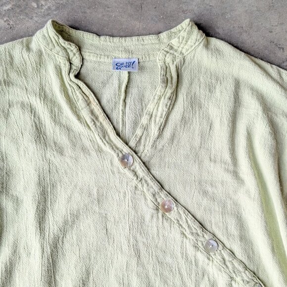 Oh My Gauze! Pastel Green Sage Asymmetric Button Front Short Sleeve Cotton Top - Picture 3 of 9